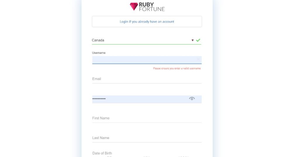 ruby fortune account creation