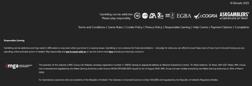 Betsafe Casino Security and Regulation Information