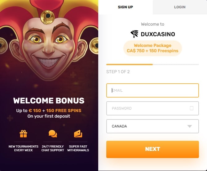 duxcasino sign up and login page