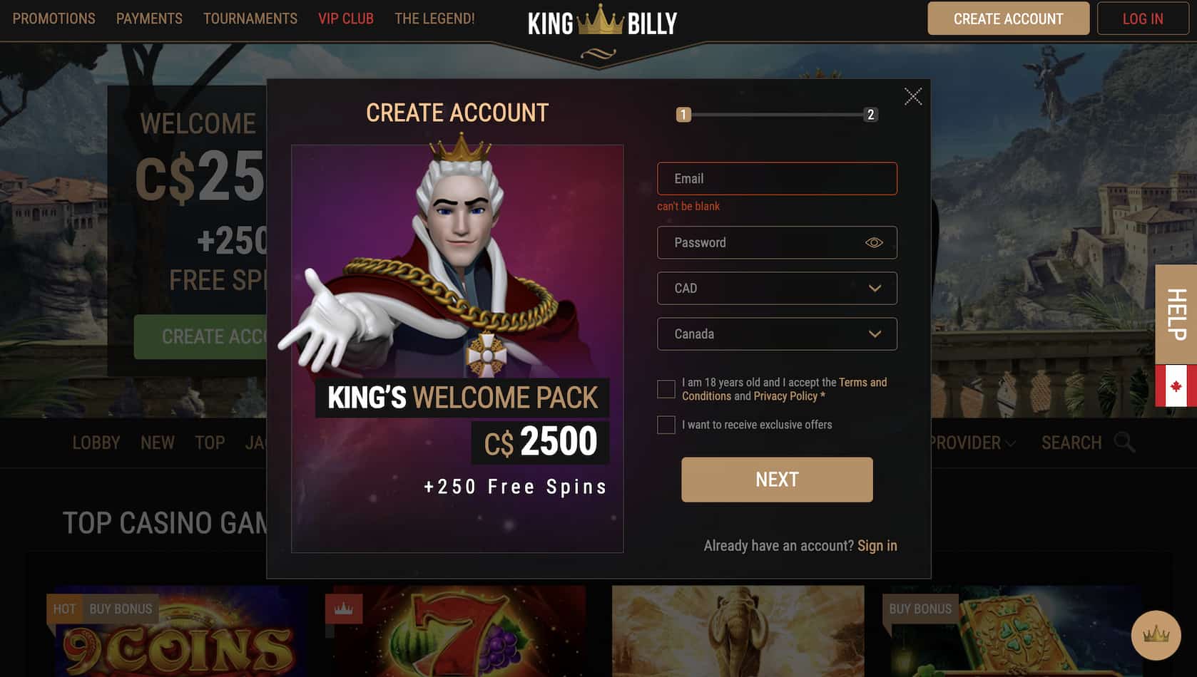 king billy sign up bonus