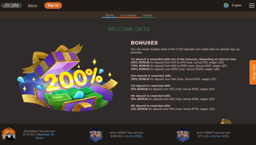 Joy Casino Bonuses