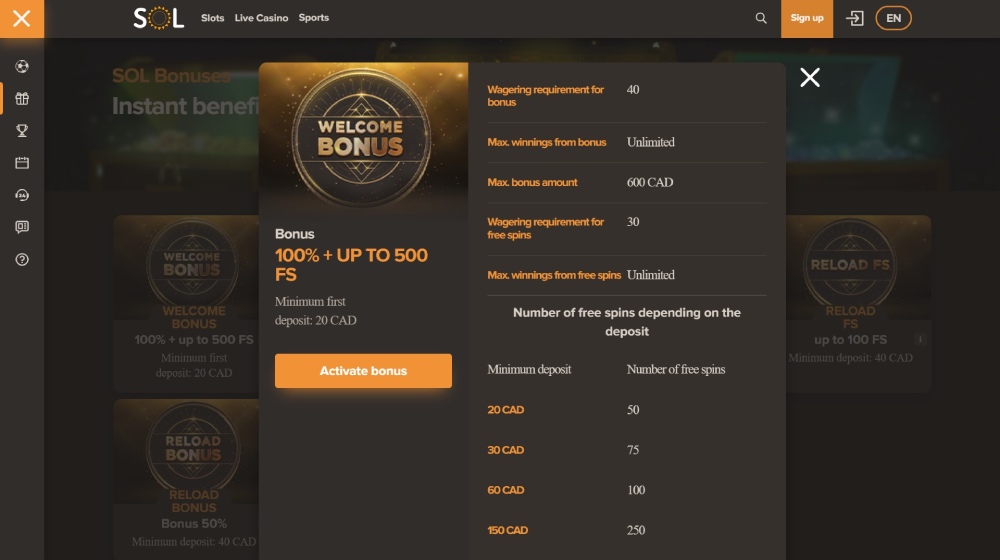 Sol Casino Welcome Bonus