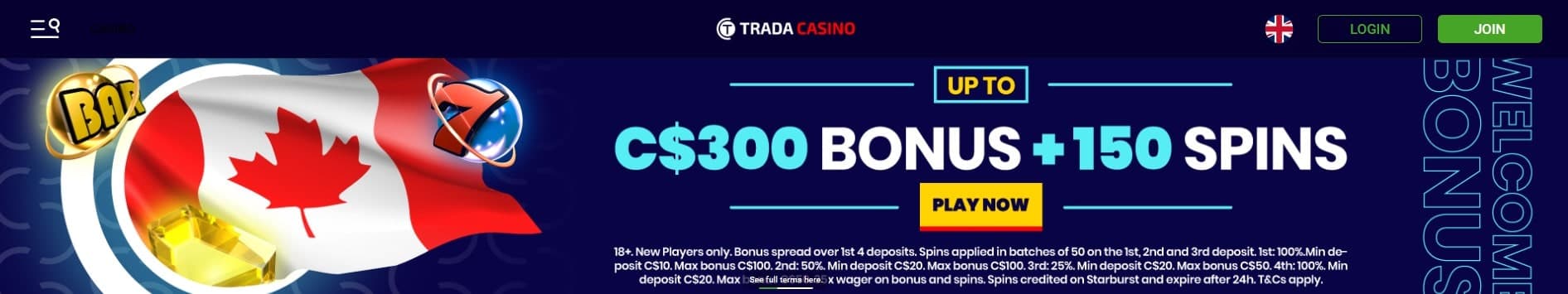 trada casino welcome bonus