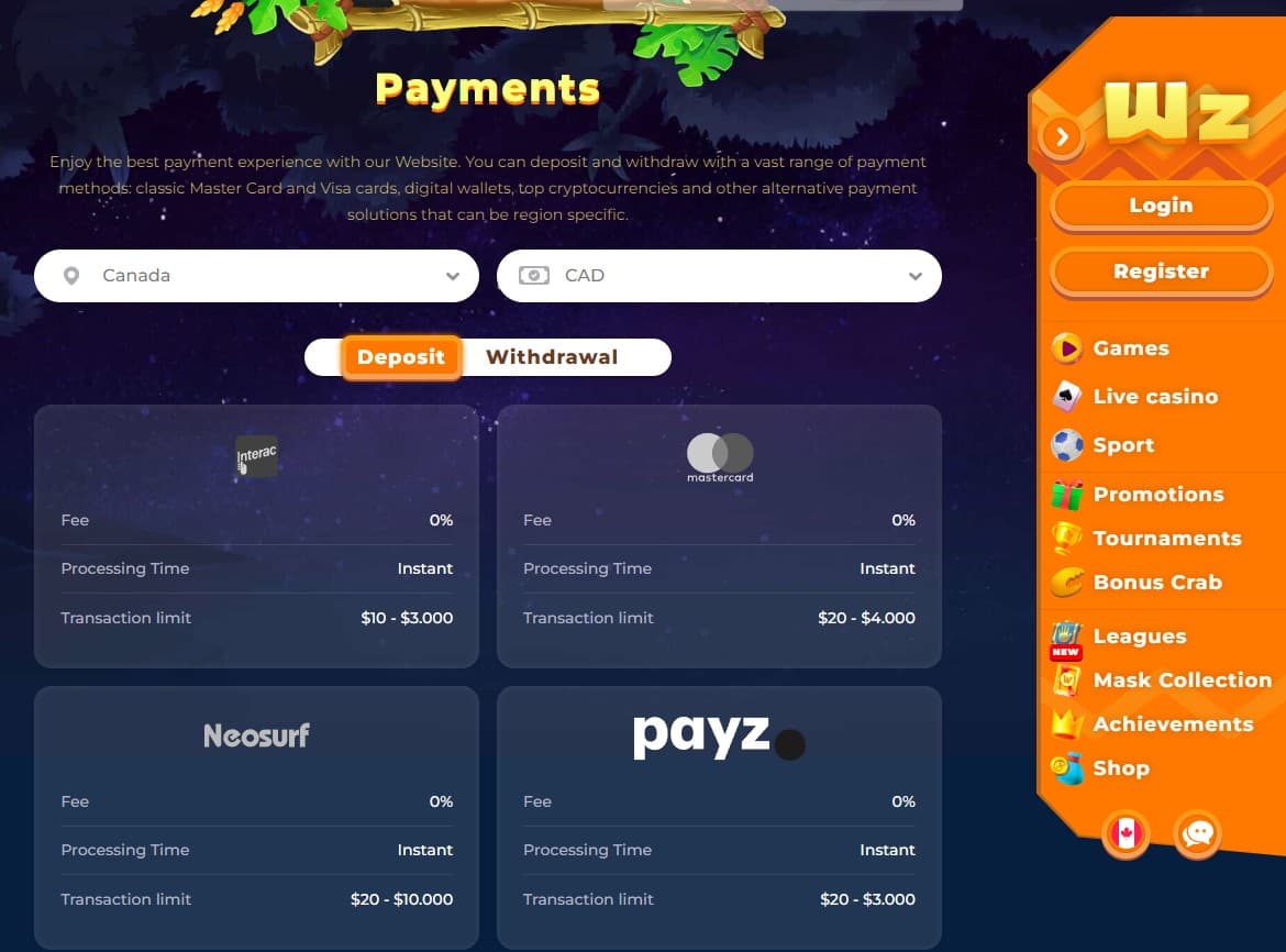 wazamba casino payments