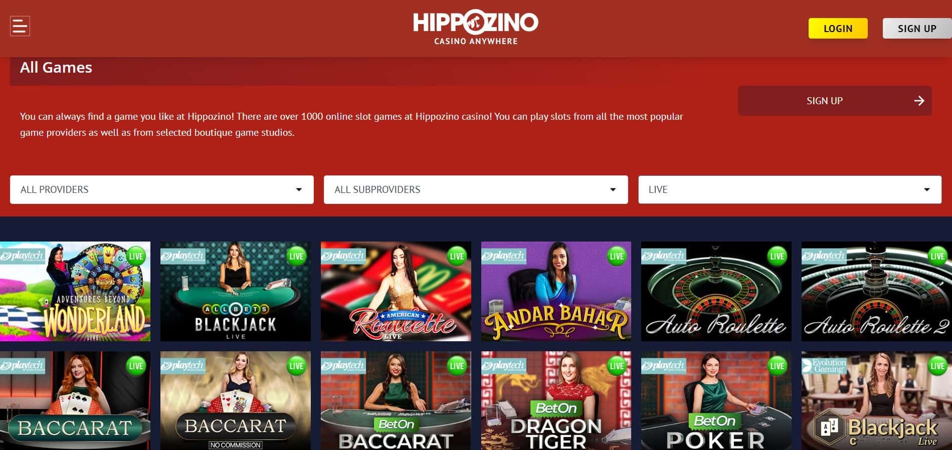 Hippozino live casino