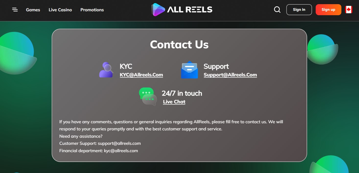 all reels casino support