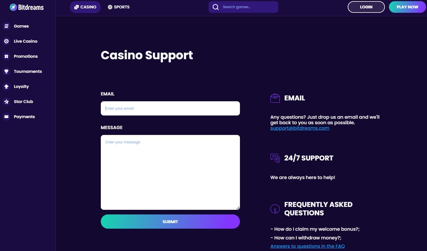 bitdreams casino support