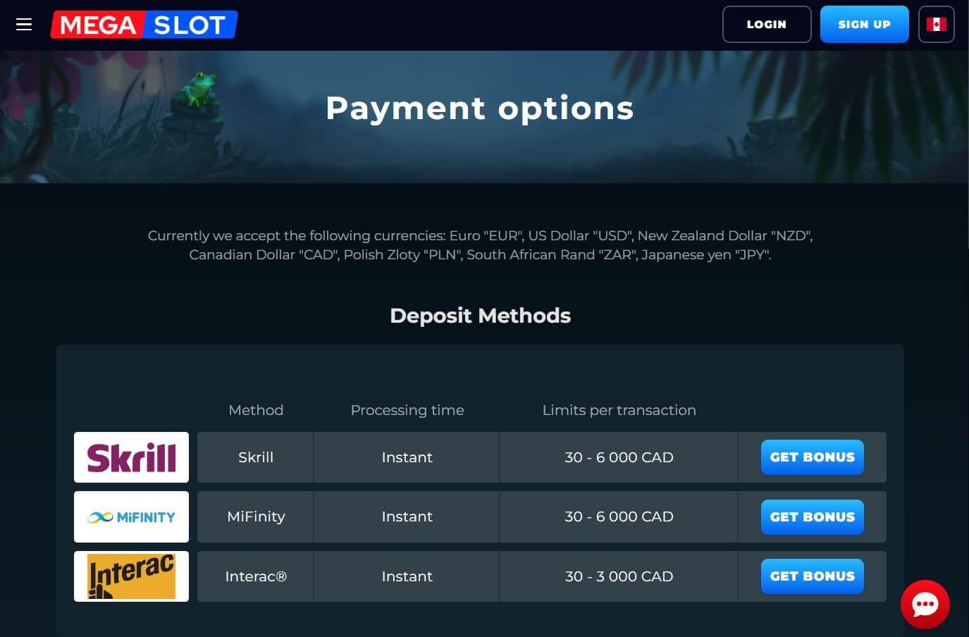 megaslot payment methods