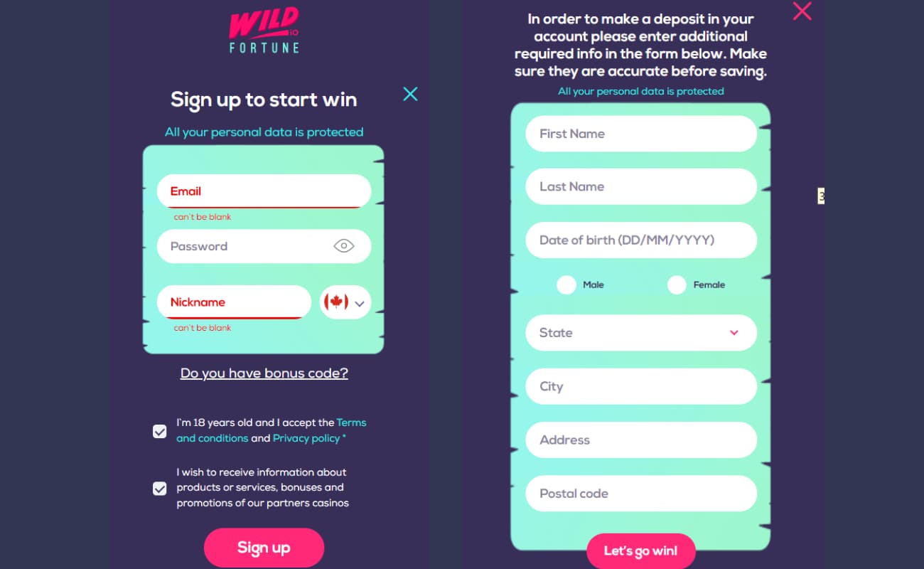 wild fortune casino sign-up process
