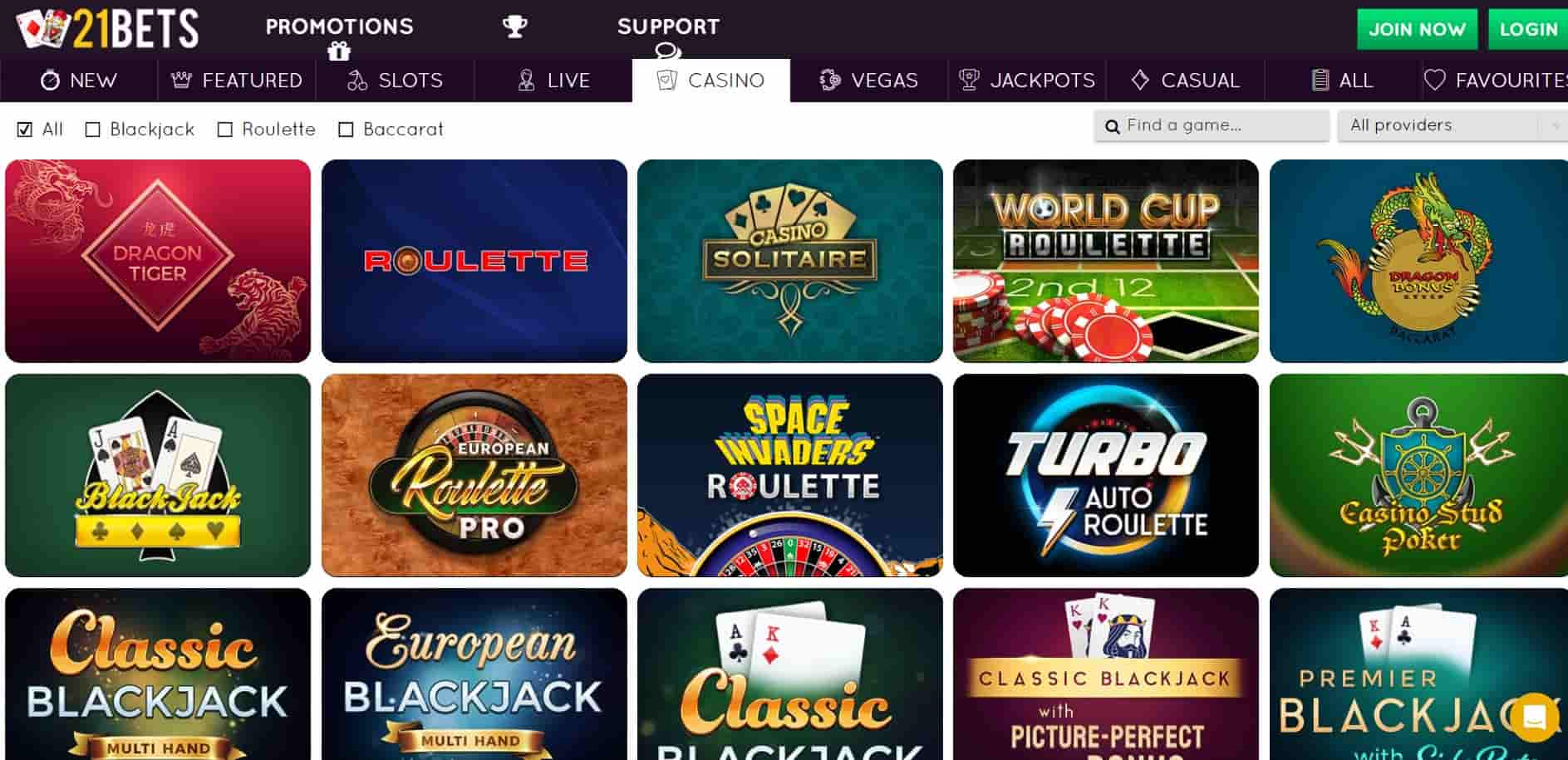 21 bets live casino table games
