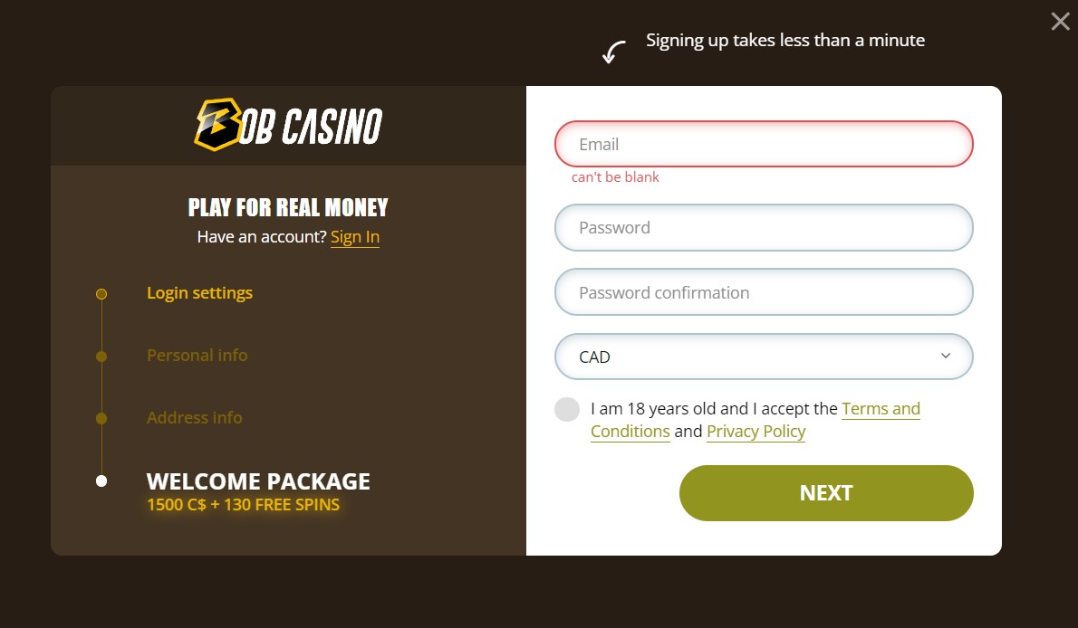 bob casino registration