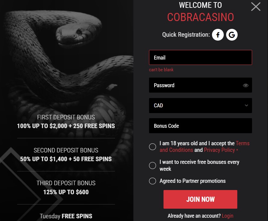 cobra casino registration