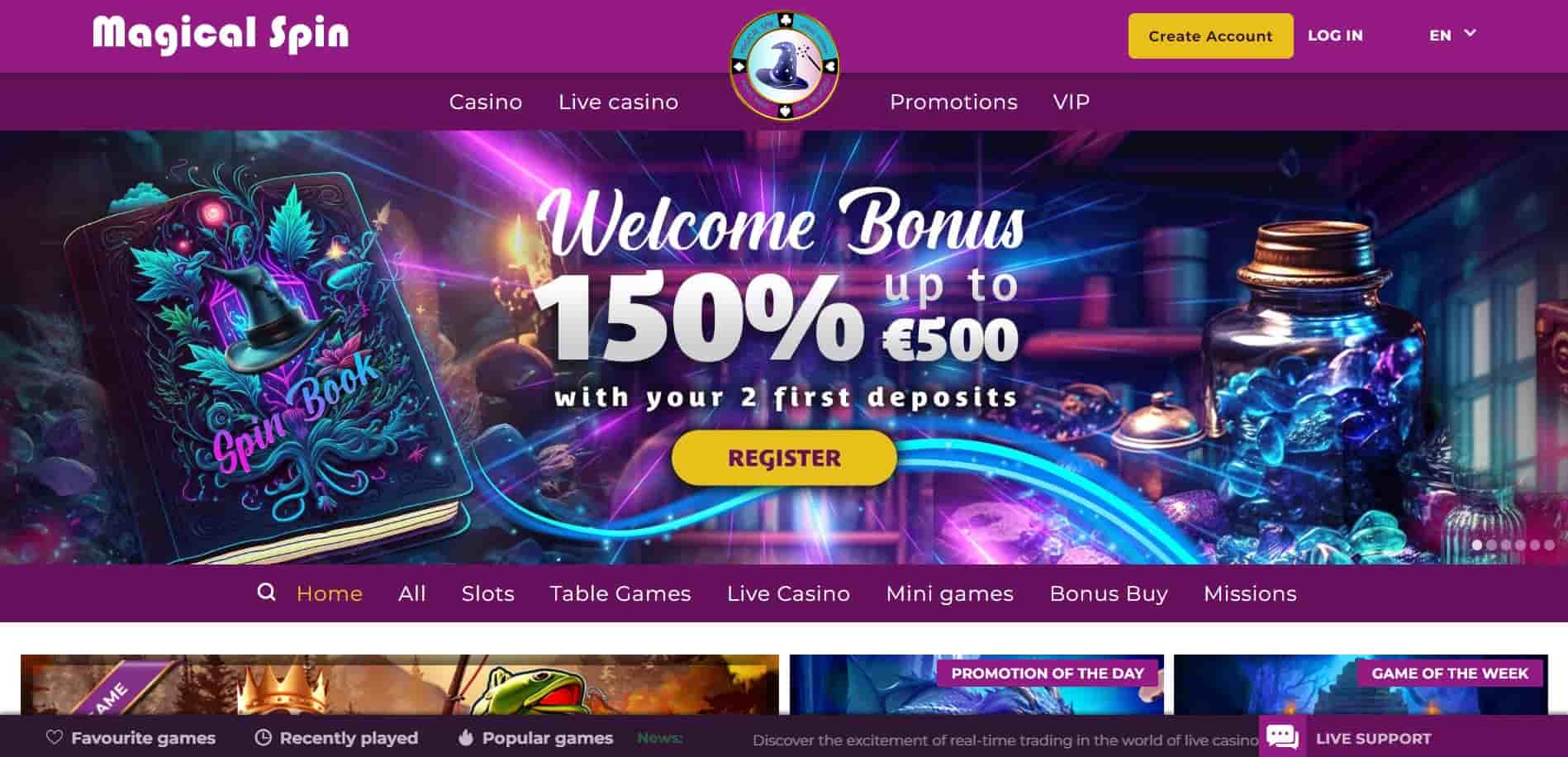magical spin casino main page