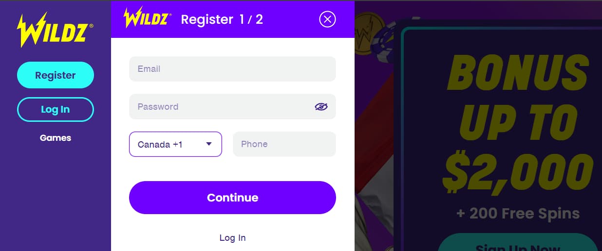 wildz casino registering account