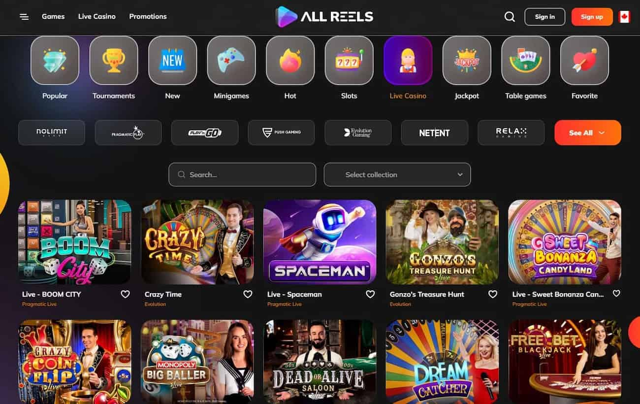 all reels live casino