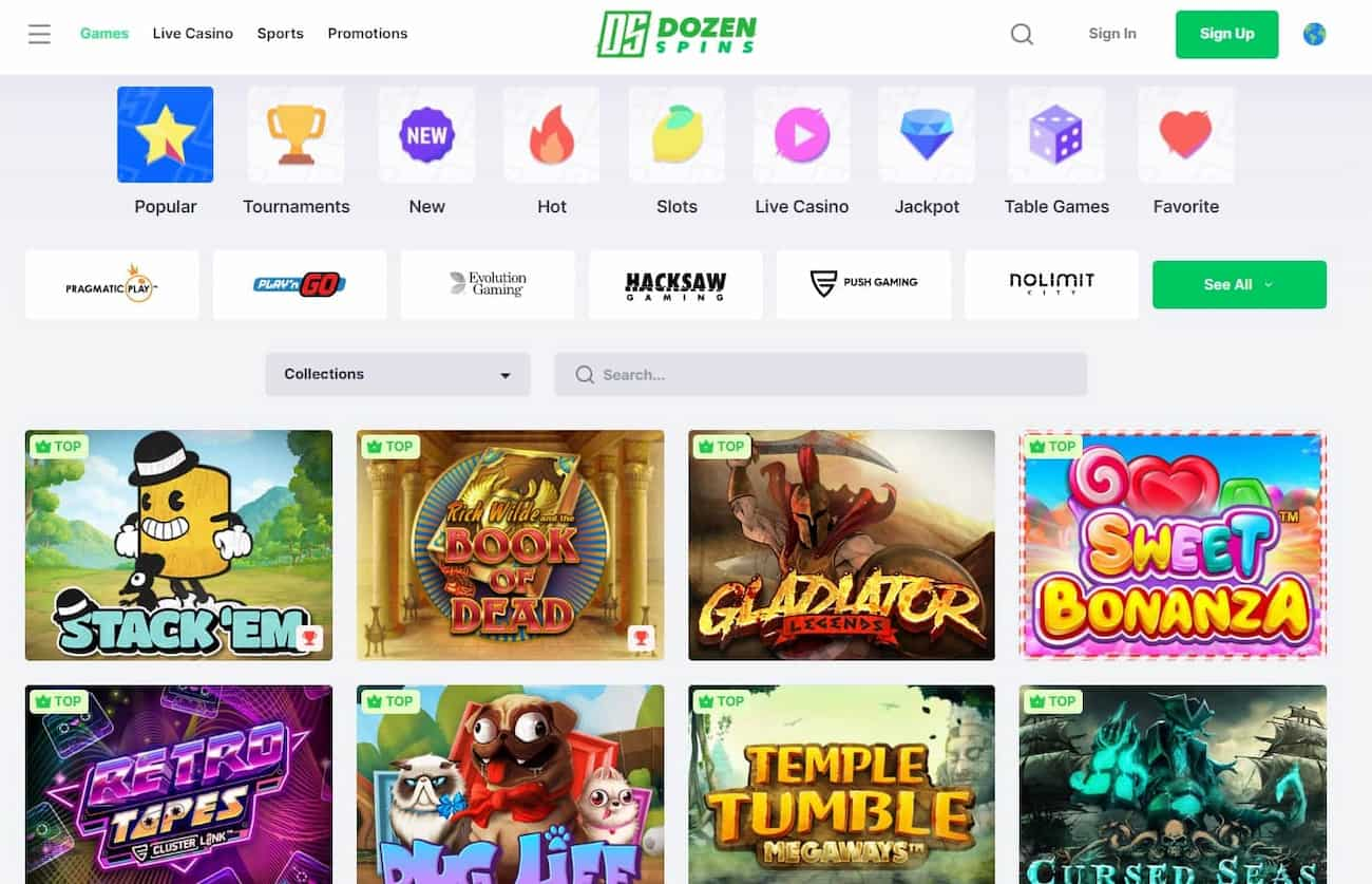 dozen spins casino games