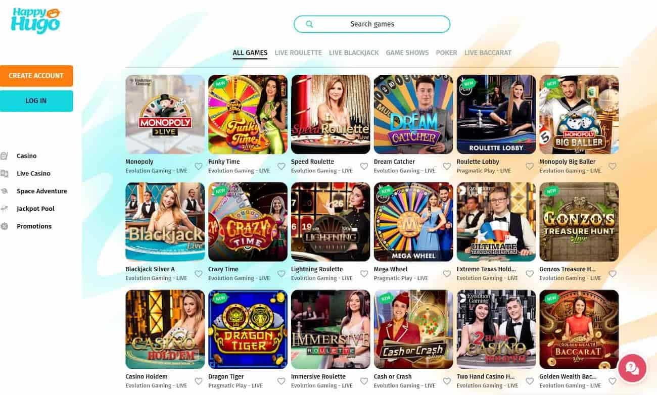 happy hugo casino live games