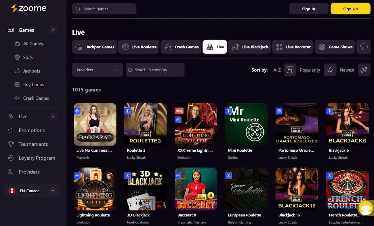 zoome casino live