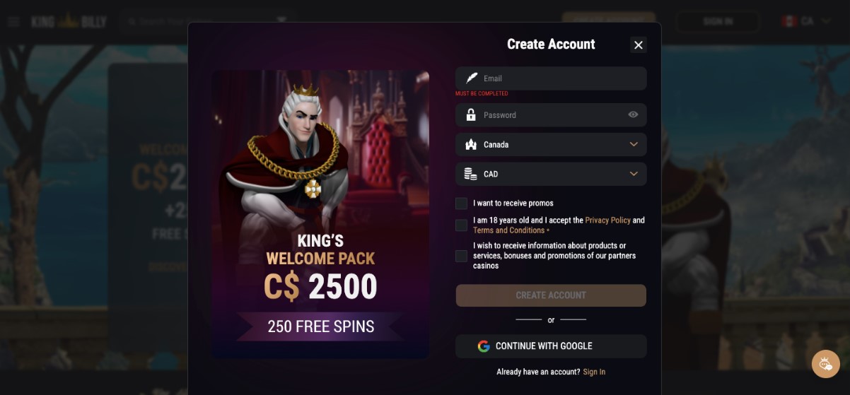 king billy create account