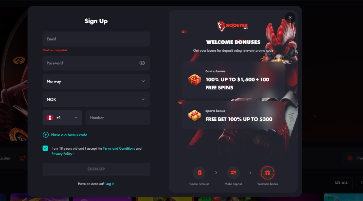 rooster bet casino registration
