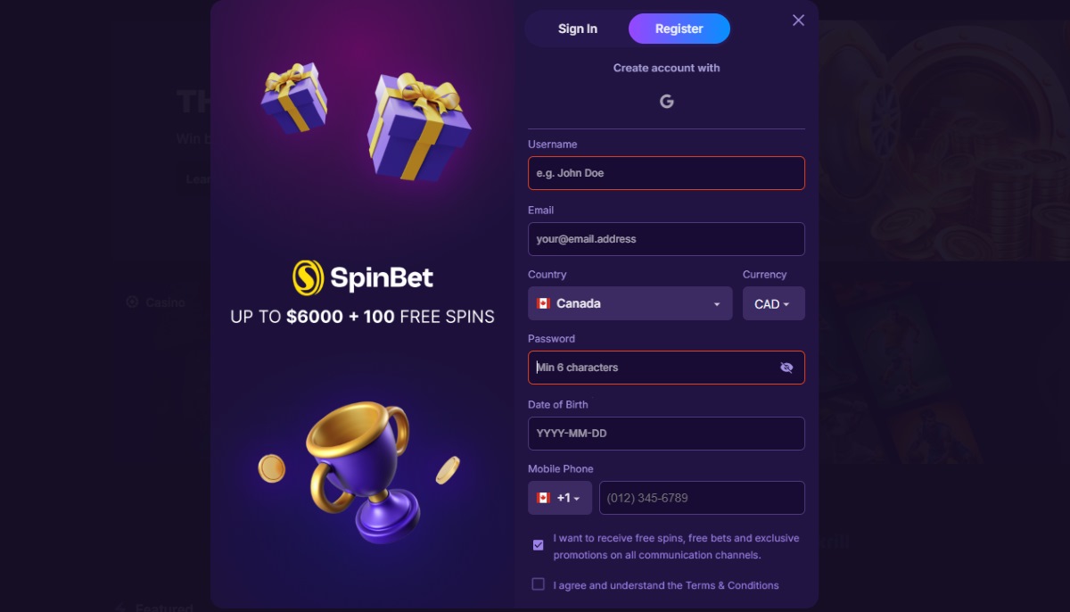 spinbet casino registration