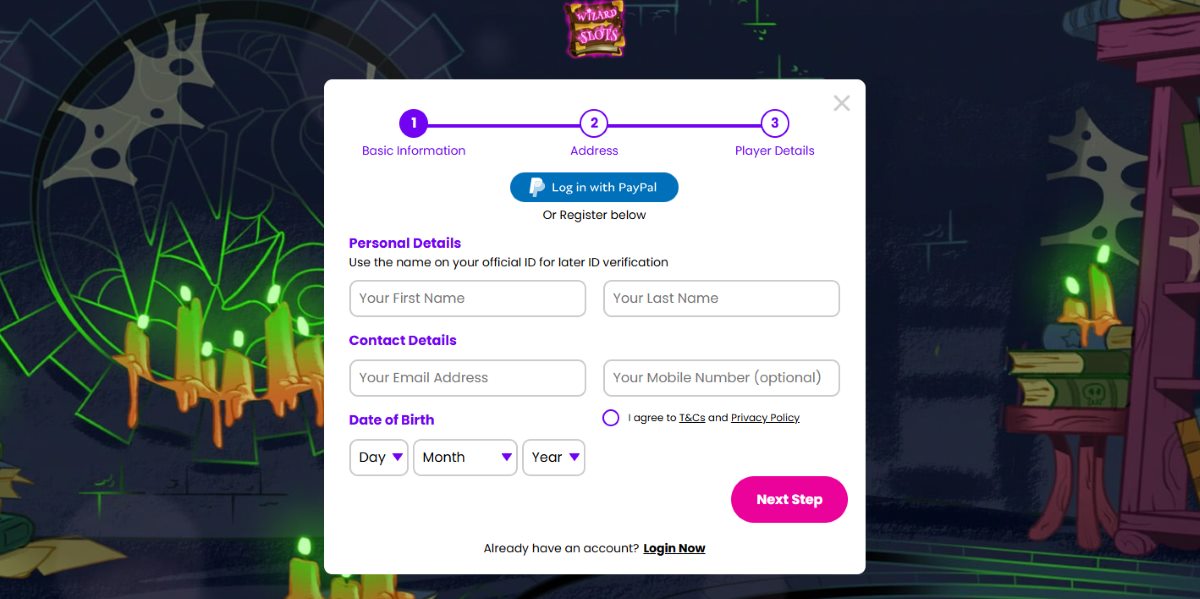 wizard slots casino registration