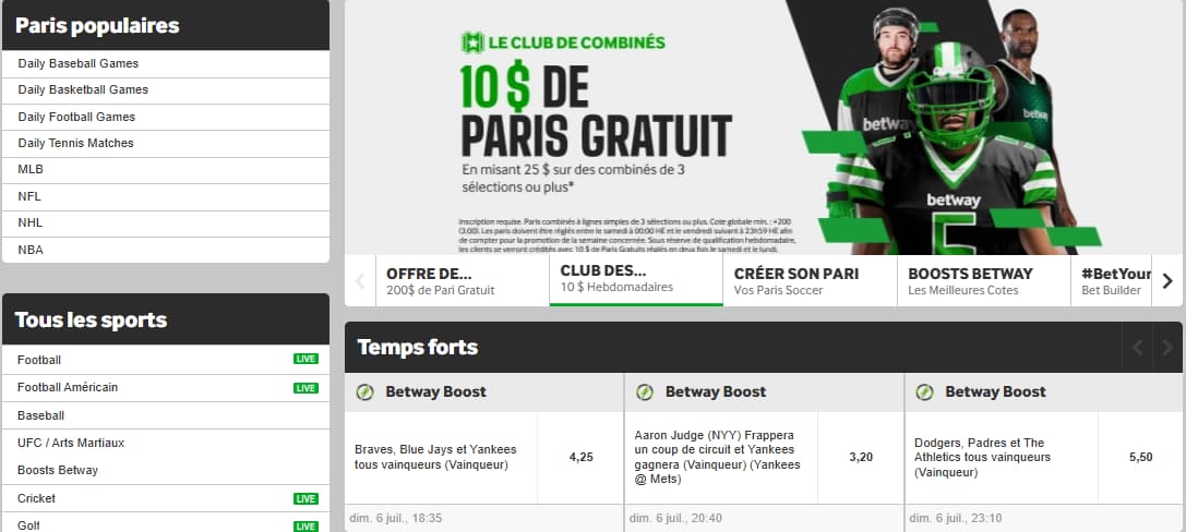 page principale des paris sportifs betway