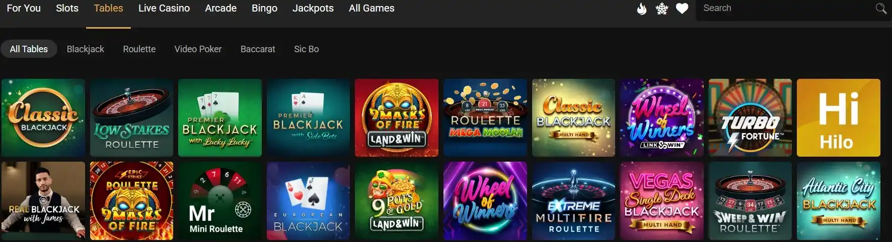 spin palace table games