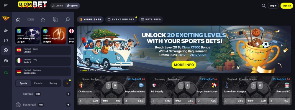 Interfejs kasyna BDMBet prezentujący zakłady sportowe i gry kasynowe